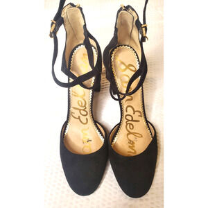 Sam Edelman Black Suede Pump High Block Heel Back Zip Ankle Strap Size 10 M